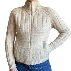 Vintage 80s Womens 100% Wool Chunky Knit Cream White Full Zip Preppy Cardigan M
